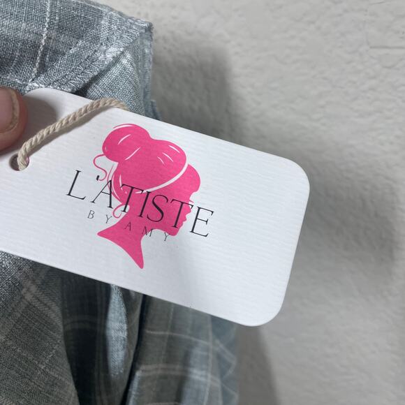 L'atiste by Amy Medium Cropped Ruffle Frill Hem Pants Fray Plaid Pull On Blue - Picture 8 of 9